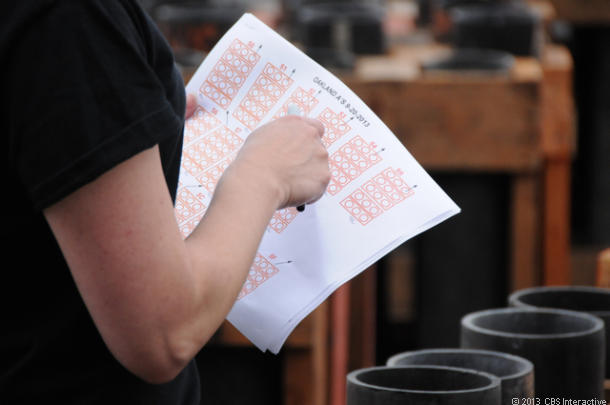 A Pyro Spectactulars crew members checks the cue sheet. (Credit: Daniel Terdiman/CNET)