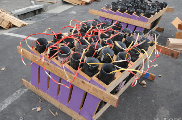 A rack of shells intended for the show's finale are all wired together. (Credit: Daniel Terdiman/CNET)