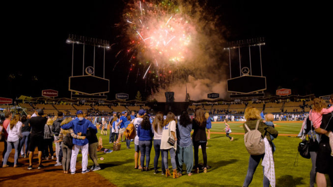 OCR-L-fireworks-0702 (video) 0702_NWS_OCR-L-FIREWORKS-0702-HG15 People enjoy the Friday Night Fireworks show produced by Pyro Spectaculars by Souza at Dodger Stadium. (Photo by Hans Gutknecht, Los Angeles Daily News/SCNG)