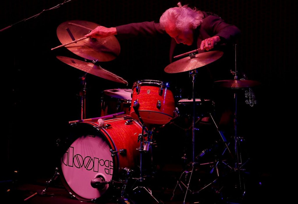 LJohn Densmore, drummer of the legendary rock band the Doors, performs with Gustavo Dudamel and the L.A. Phil as the symphony kicks off its centennial season with a "California Soul" gala at the Walt Disney Concert Hall in downtown Los Angeles on Thursday, Sept. 28, 2018. (Luis Sinco / Los Angeles Times)