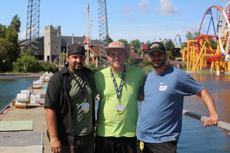 Souza brothers, from left, Christopher, Richard and Paul, at the firing site in La Ronde, Montreal, location of the international fireworks competition. (Courtesy photo)