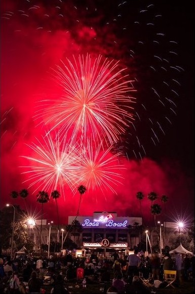 fireworks over the Rose Bowl