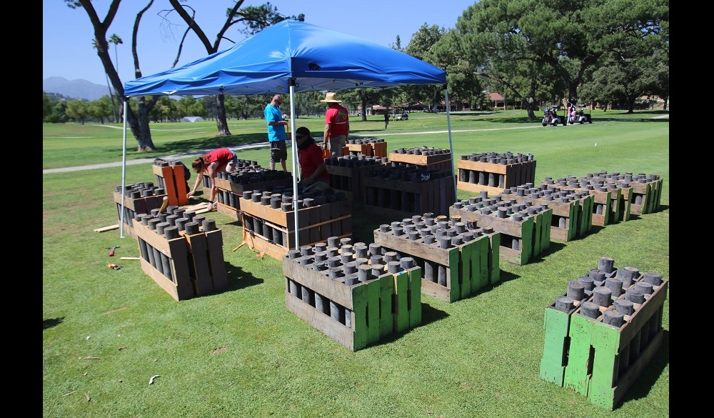 Pyro technicians set up for the Rose Bowl Americafest 2019. There will be 8,00 fireworks effects.