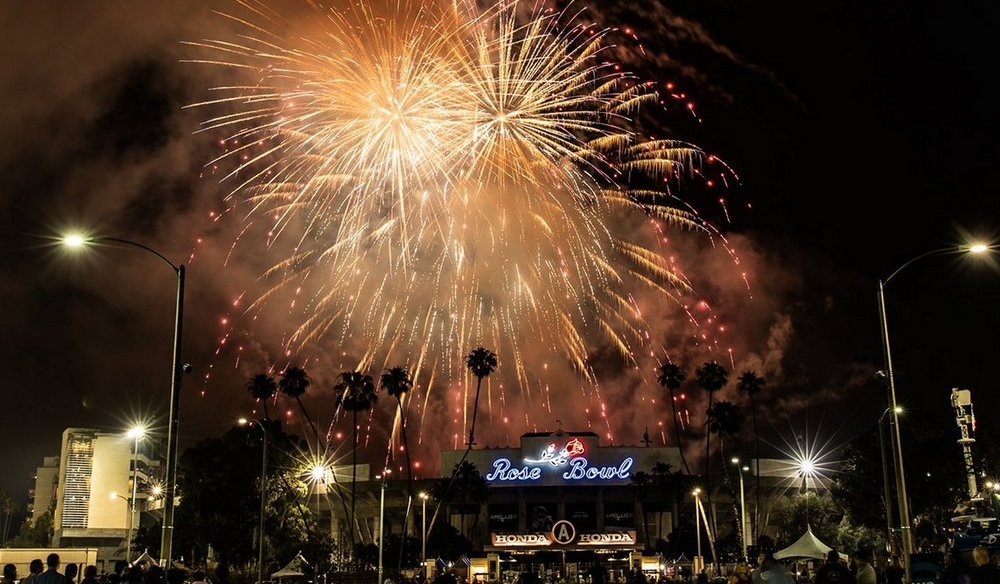 Fireworks light up the skies above the Rose Bowl