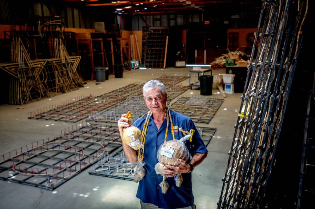 Pyro Spectaculars CEO Jim Souza holds different types of aerial firework shells inside a firework assembly building in Rialto on Thursday, June 17, 2021. (Photo by Watchara Phomicinda, The Press-Enterprise/SCNG)