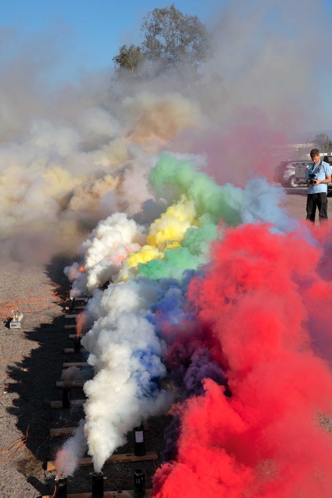 Judy Chicago Multi-color smoke test with Pyro Spectaculars by Souza in Fontana, CA. 2020 © Judy Chicago/Artists Rights Society (ARS), New York Photo © Donald Woodman/ARS, New York