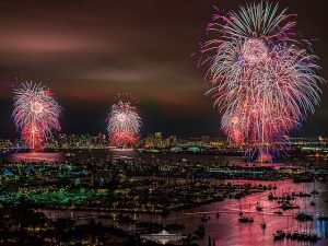 Independence Day fireworks fill the skies and cast a glow on the surface of San Diego Bay. Visitors will be able to enjoy the Big Bay Boom again on July 4. Photo by Evgeny Yorobe, courtesy of Big Bay Boom