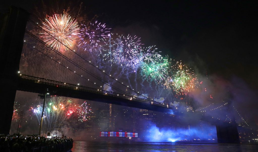 NEW YORK, NY - JULY 4: Fireworks are launched from the Brooklyn Bridge during Macy's Independence Day fireworks show on July 4, 2019 in New York City. (Photo by Gary Hershorn/Getty Images)