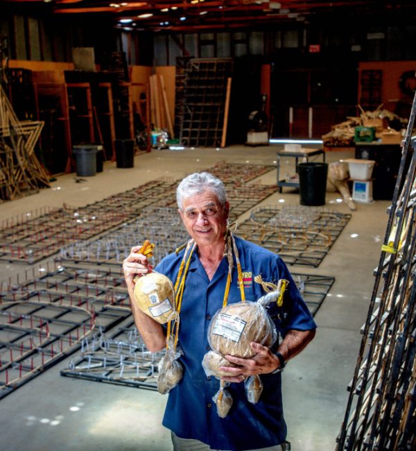 Jim-21 Pyro Spectaculars CEO Jim Souza holds different types of aerial firework shells inside a firework assembly building in Rialto on Thursday, June 17, 2021. (Photo by Watchara Phomicinda, The Press-Enterprise/SCNG)