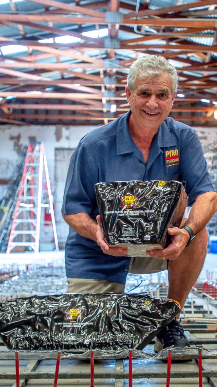 Jim6 Pyro Spectaculars CEO Jim Souza shows different types of aerial firework shells inside a firework assembly building in Rialto on Thursday, June 17, 2021. (Photo by Watchara Phomicinda, The Press-Enterprise/SCNG)